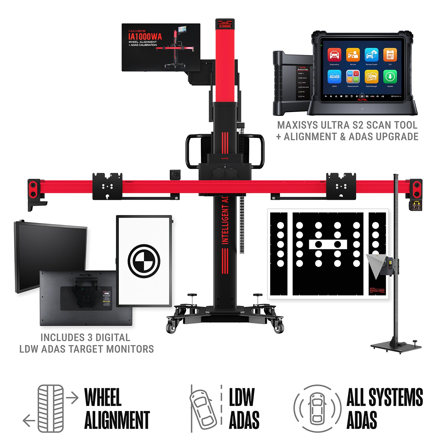 Autel IA1000WA wheel alignment and ADAS upgrade with MaxiSys Ultra S2 scan tool and digital targets