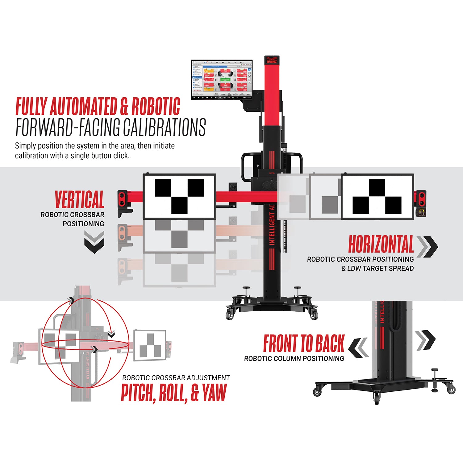 Autel IA1000WA robotic crossbar and column movement for automated forward-facing ADAS calibration