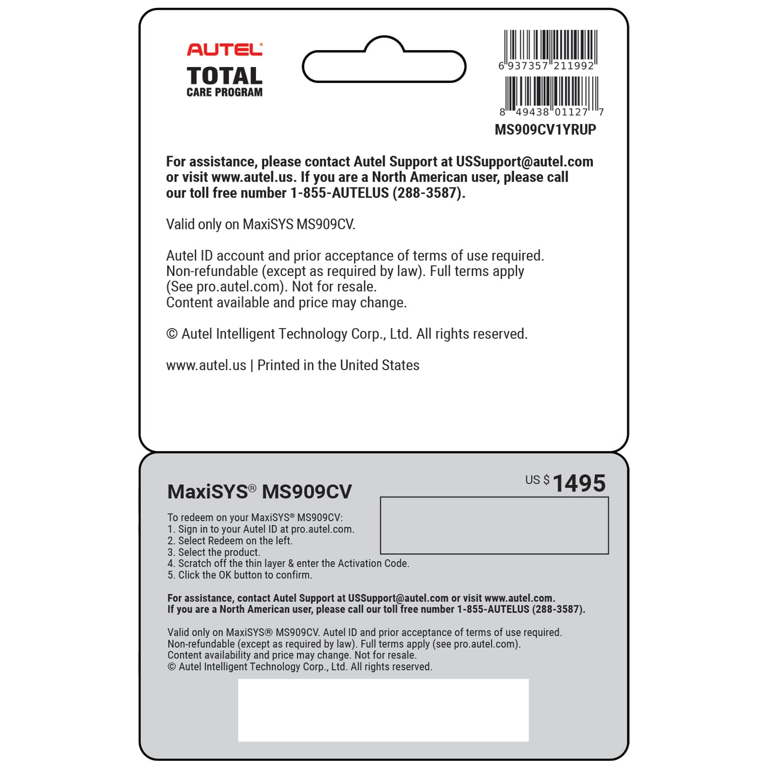 Autel Total Care Program (TCP) Card for MaxiSYS MS909CV (MS909CV1YRUP)