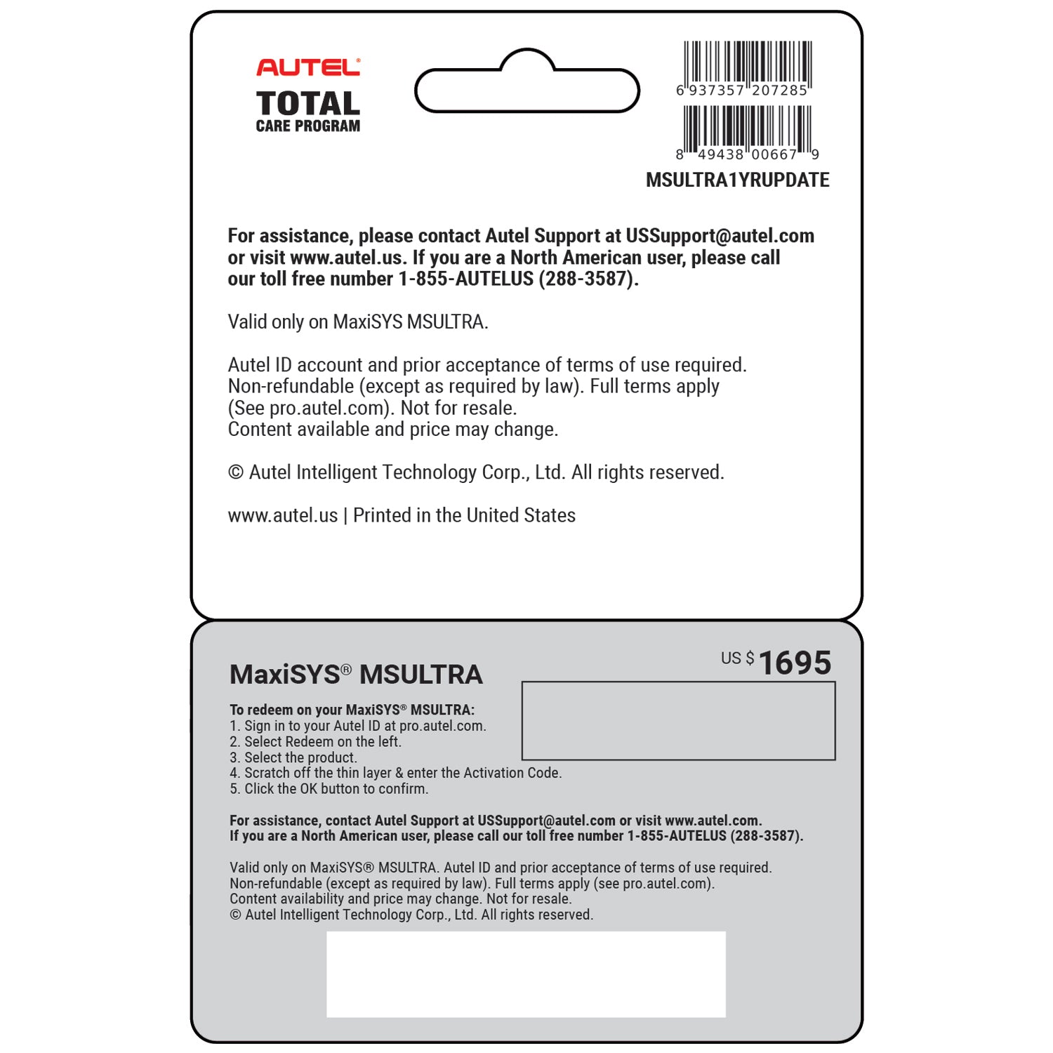 Autel Total Care Program (TCP) Card for MaxiSYS Ultra (MSULTRA1YRUPDATE)