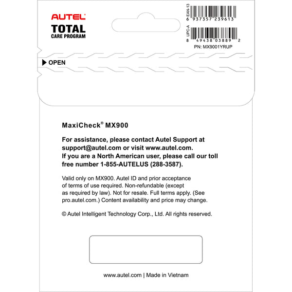 Autel Total Care Program (TCP) Card for MaxiCheck MX900 (MX9001YRUP ...
