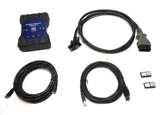 GM Multiple Diagnostic Interface 2 (MDI 2) EL-52100-AM kit: interface unit, DLC cable, USB cable, Ethernet cable, two wireless dongles